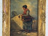 an old painting of a woman with a basket in her hand