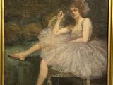 painting of a woman in a tutu sitting on a chair holding a mirror