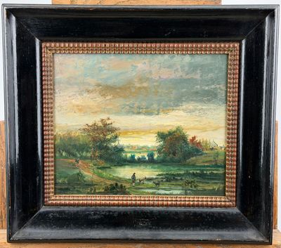a painting of a landscape with a river in the foreground and a house in the distance