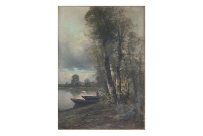 P. RICARD (XIXe siècle) Paysage à l'étang Huile sur toile, s…