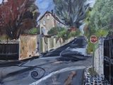 une peinture représentant une rue sur laquelle figure un panneau « Stop »