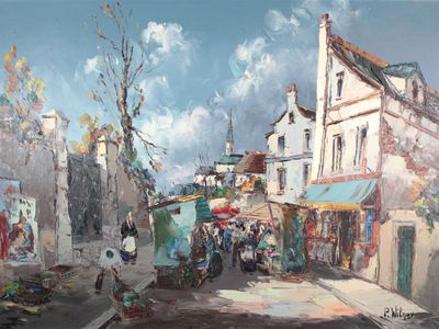 une peinture représentant une scène de rue avec des personnes marchant dans la rue