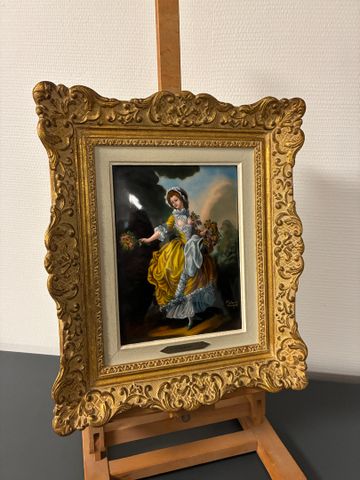 RESTOUEIX : émail de Limoges signé « Bouquetière » 24 x 18