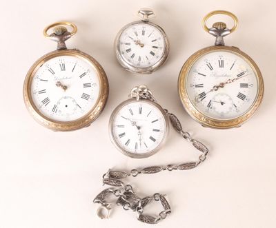 Réunion de quatre montres de poches, à cadrans émaillés à ch…