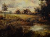 painting of a landscape with a river and trees in the foreground