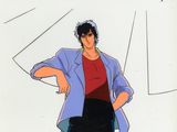 un dessin d'animation représentant un homme vêtu d'une veste violette et d'un pantalon noir