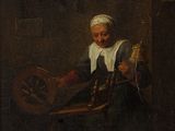 tableau représentant une femme filant à un rouet dans une pièce sombre