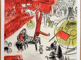 a poster with a drawing of a man sitting on a chair in front of a crowd