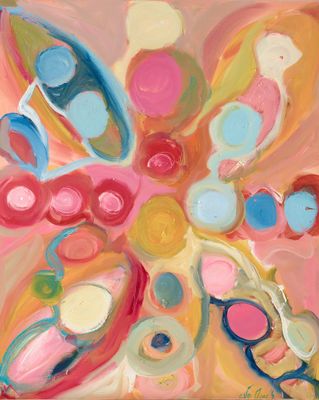 une peinture représentant une fleur colorée parsemée de nombreux points