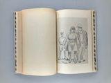 an open book with a drawing of a man and a woman