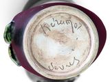 a close up of a wine bottle with writing on it