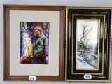 deux tableaux encadrés représentant une femme et un enfant dans un paysage enneigé