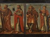 trois panneaux d'un tableau représentant un homme armé d'une épée et d'autres personnages