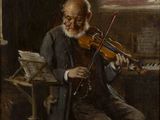 tableau représentant un vieil homme jouant du violon dans une pièce sombre