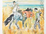 tableau représentant un homme à cheval, accompagné d'un dalmatien, avec un autre dalmatien en arrière-plan