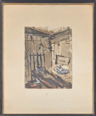 une image représentant un tableau d'une pièce avec une chaise et une table