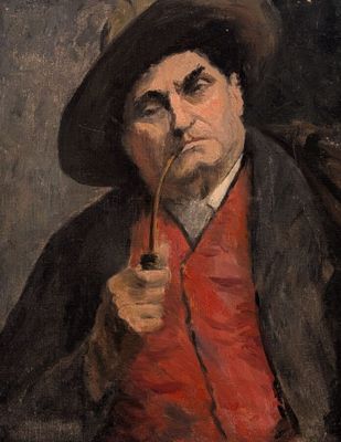 tableau représentant un homme avec une pipe à la bouche et un chapeau sur la tête
