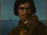 portrait d'un homme vêtu d'un manteau marron, avec un voilier en arrière-plan