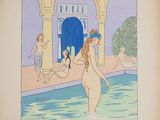 illustration of a woman standing in a pool with other people in the background