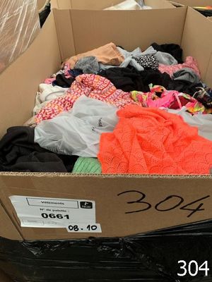 a cardboard box full of clothes that is sitting on the floor