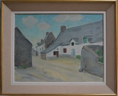 a picture of a painting of a street in a village