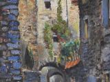 painting of an old building with a clock tower in the middle of it