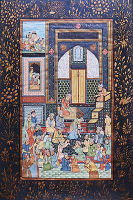 un tableau représentant un groupe de personnes assises dans une pièce