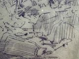 drawing of a landscape with a house in the distance and trees in the foreground