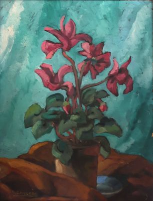 une peinture représentant une fleur rose dans un pot posé sur une table