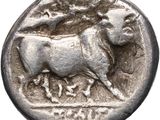 a close up of a silver coin with a bull on it