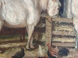 painting of horses and chickens in a barn with a rooster