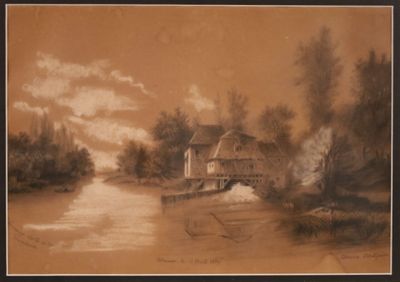 tableau représentant un hangar à bateaux au bord d'une rivière, avec des arbres et des nuages en arrière-plan