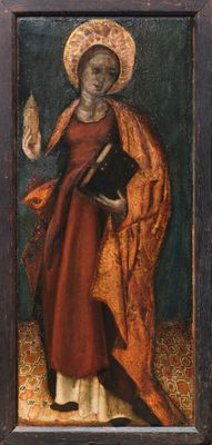 une image représentant un tableau où l'on voit une femme en robe rouge tenant un livre