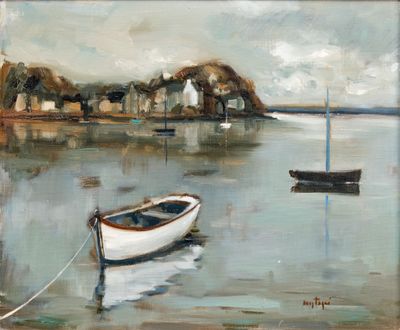 a painting of a boat tied to a rope in the water