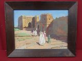 an oil painting of a group of people walking in front of a castle
