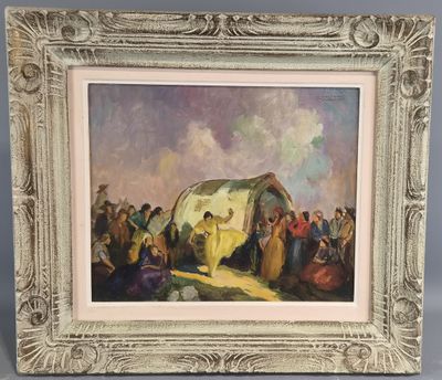 un tableau représentant un groupe de personnes rassemblées autour d'une tente