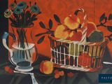 a painting of a basket of fruit and a vase of flowers on a table