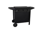 un barbecue noir à roulettes sur fond blanc