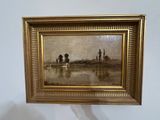 a painting hanging on the wall of a room next to a wall