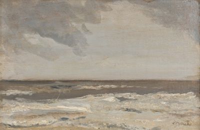 une image représentant une peinture d'une personne sur une planche de surf dans l'océan
