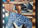 tableau représentant une femme coiffée d'un chapeau et tenant une planche de surf