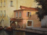 a painting of a building next to a body of water