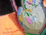 a painting of a white pitcher with flowers on it