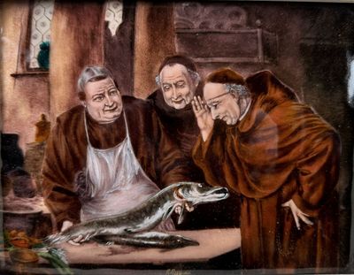 RESTOUEIX à Limoges, émail sur cuivre "Repas de carême"