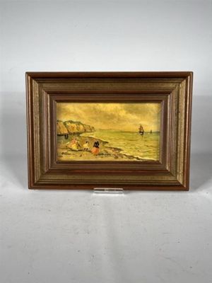 an oil painting of a beach scene in a wooden frame