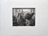 un dessin représentant une photo en noir et blanc d'une ville