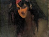 une peinture à l'huile représentant une femme portant un foulard rouge