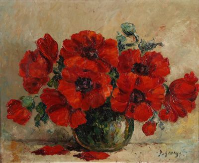 une peinture de fleurs rouges dans un vase sur une table