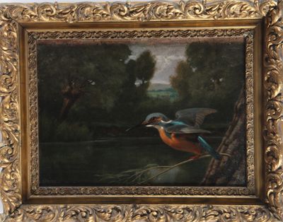 an oil painting of a kingfisher in flight over a river