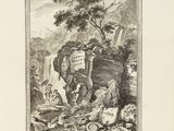un dessin en noir et blanc représentant un homme assis sur un rocher près d'une cascade